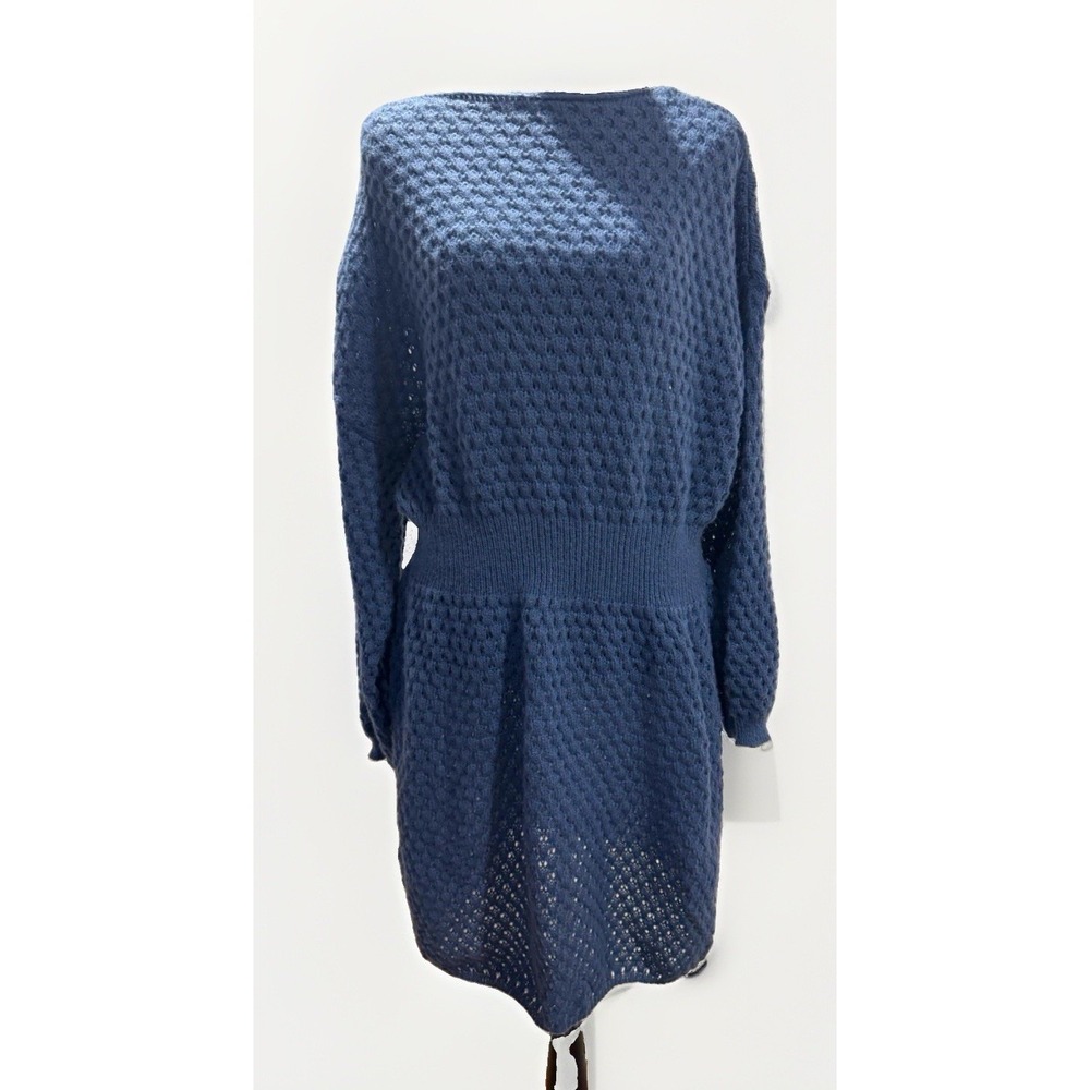 Vintage Women's Blue Knit Sweater Dress Boat Neck Long Sleeve Short Stretch OS